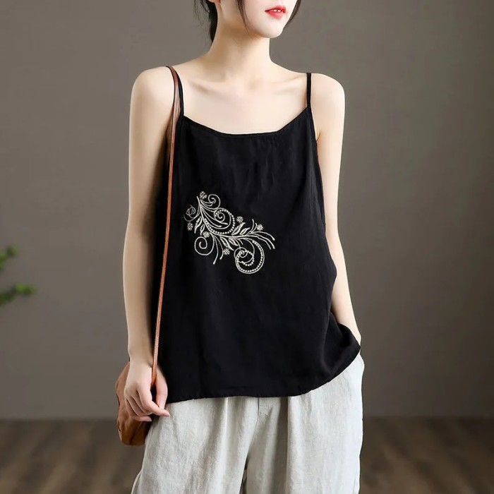 Women Cotton V Neck Basic Embroidered Sleeveless Tank Loose Casual Camis