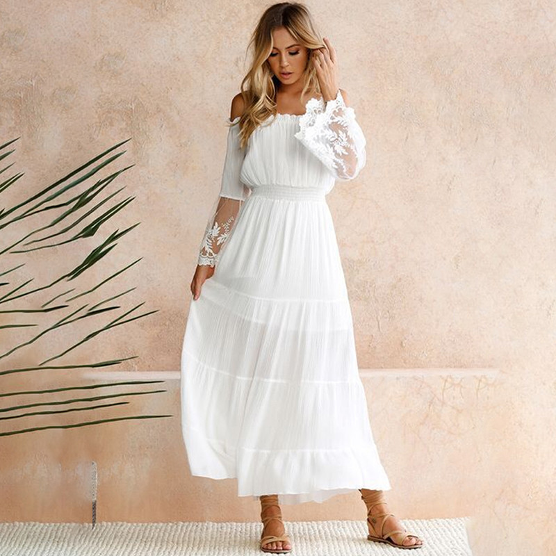 Fashion Solid Color Long Sleeve Loose Sexy Strapless Lace Bohemian Maxi Dress