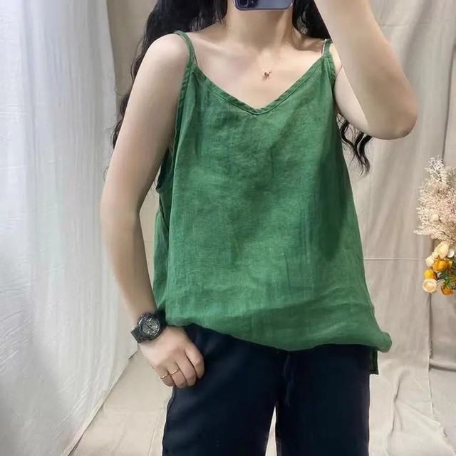 Women Cotton V Neck Basic Embroidered Sleeveless Tank Loose Casual Camis