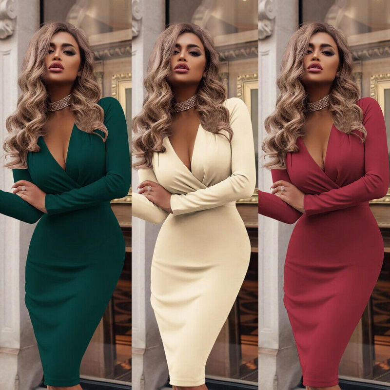 Trendy Solid Color Fit V Neck Long Sleeve Party Midi Bodycon Dress