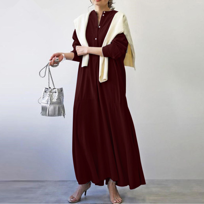 Fashion Casual Striped Loose Long-Sleeved Lapel A-line  Maxi Dress