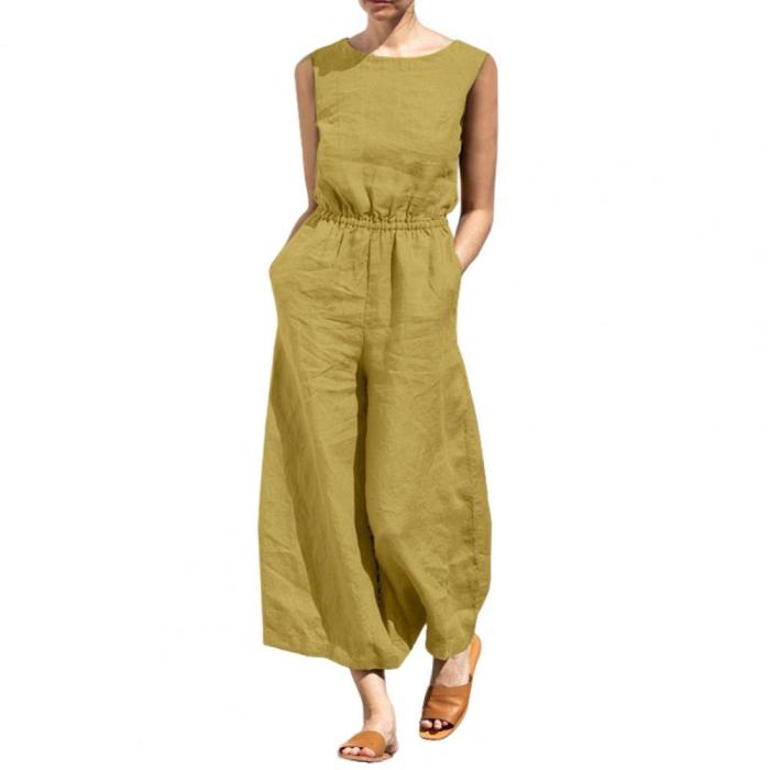 Women's Fashion O-Neck Loose Casual Sleeveless Wide-Leg Jumpsuit