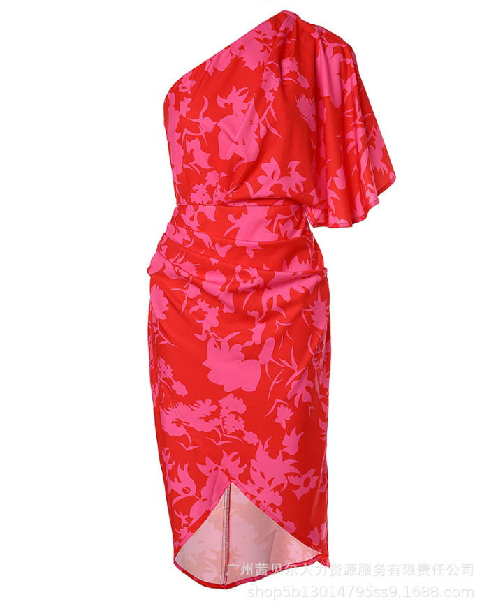 One Shoulder Fashion Solid Color Print High Waist Sexy Irregular Beach Midi Dress