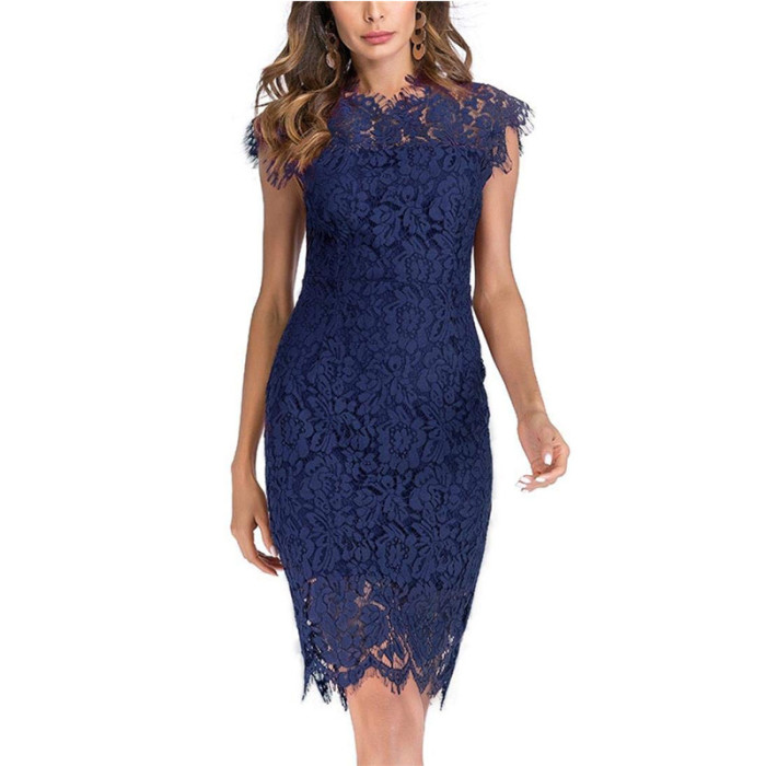 Lace Solid Color Slim Sleeveless Ruffles Hollow Out Party Mini Bodysuit Dress