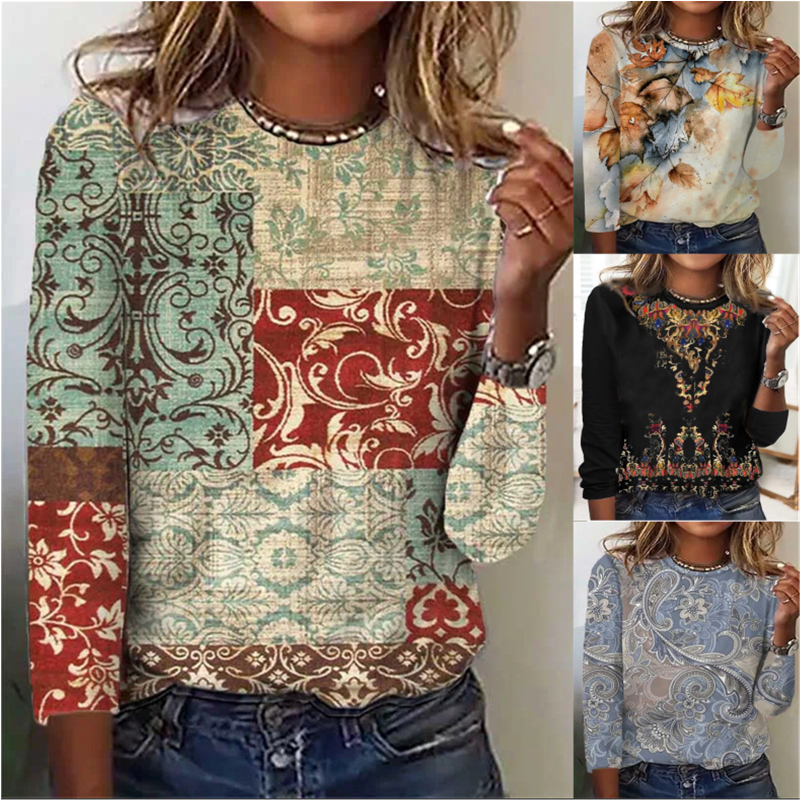 Women's Fashion Printing Loose Round Neck Long-Sleeved Casual T-Shirt