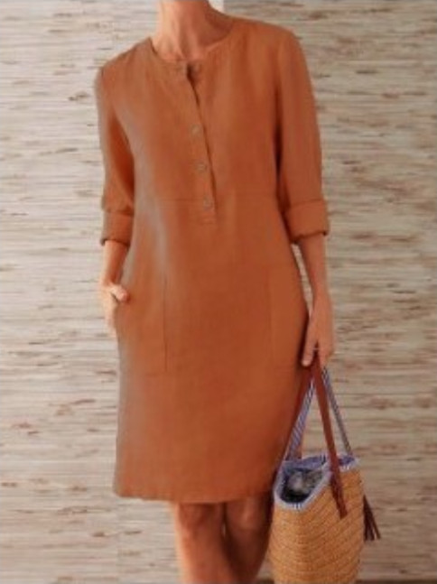 Cotton Linen Vintage Long Sleeve Button Pocket Loose Dress