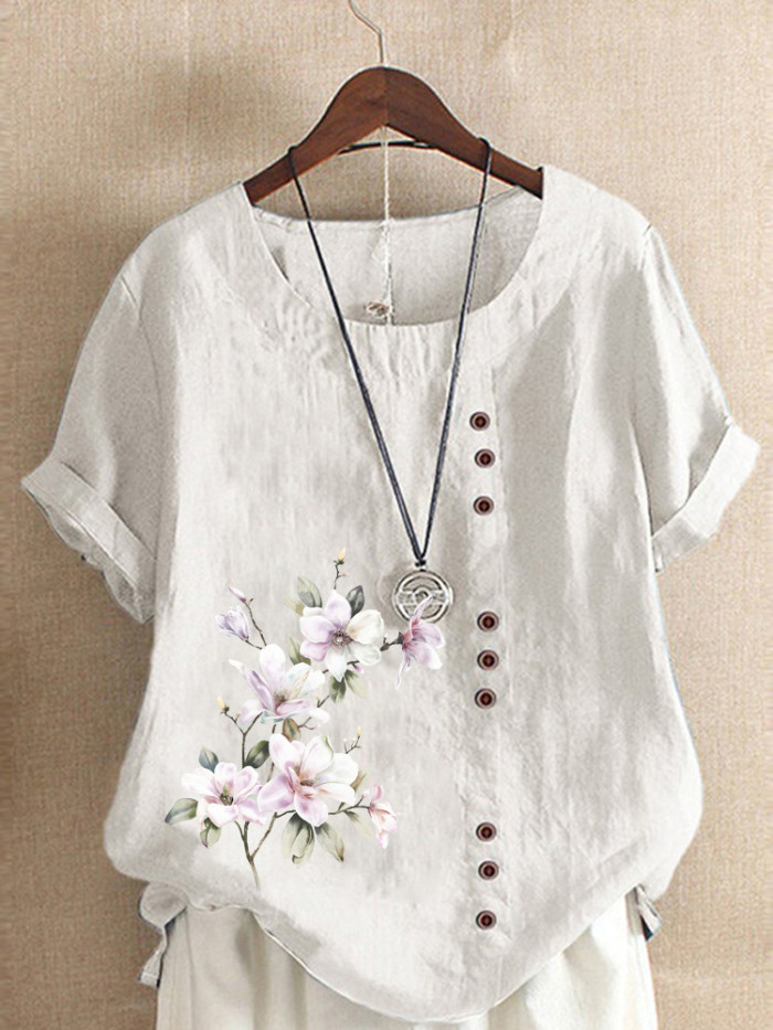 Retro Cotton Linen Top Casual Round Neck Elegant Street Blouses & Shirts