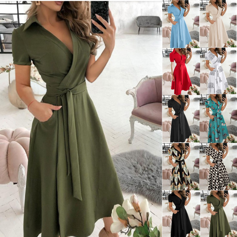 Women's Casual Turn Down Collar Short Sleeve Midi Dress