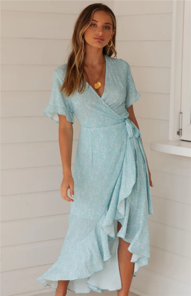 Trendy Polka Dot Print Boho Elegant V Neck Ruffled Ruffles Midi Dress