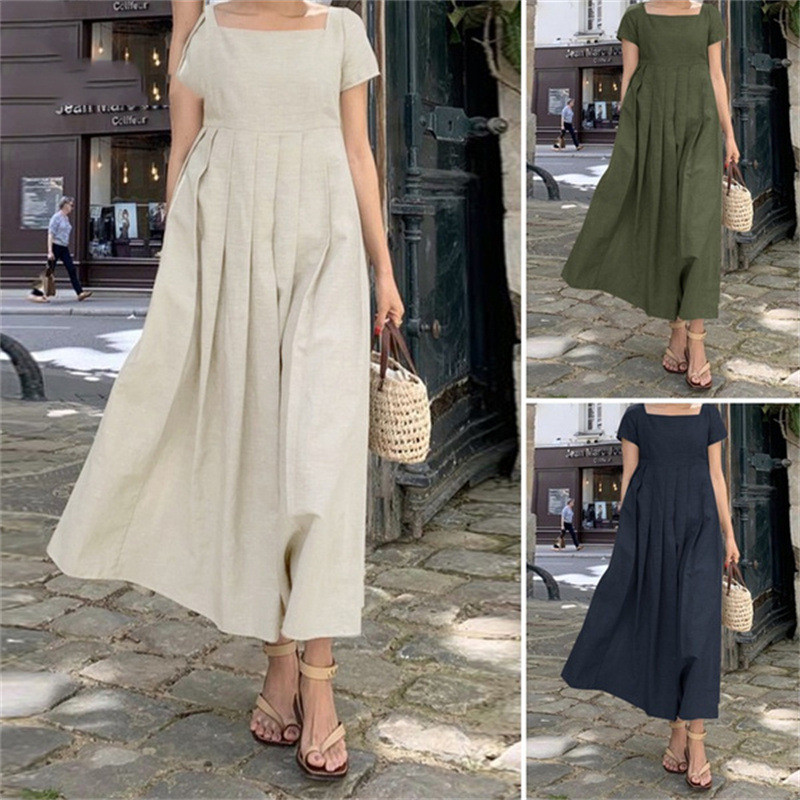 Fashion Pleated Solid Color Elegant Square Neck Casual  Midi Dress