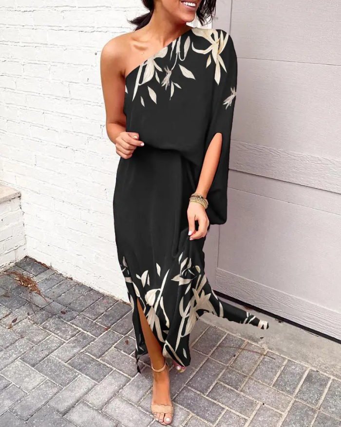 Bohemian Fashion One-Shoulder Slit Print  Maxi Dress