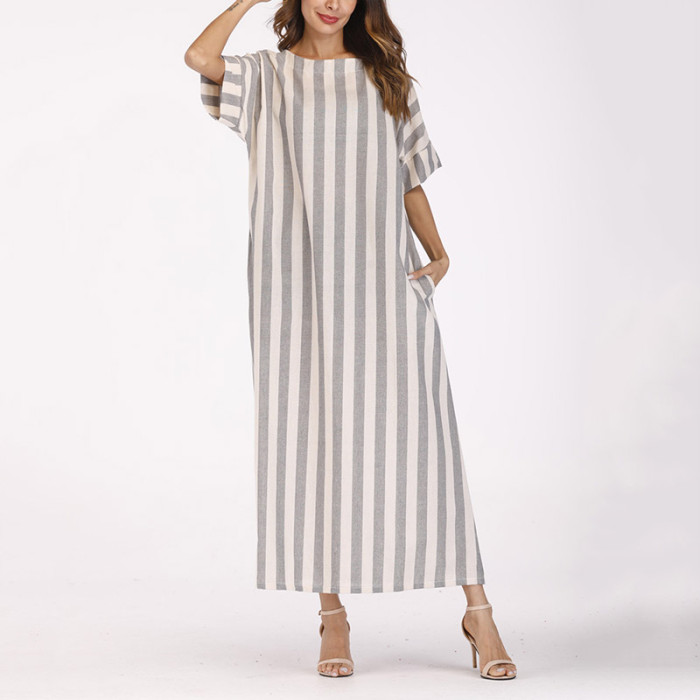 Women Striped Cotton Linen Casual Loose Maxi Dress