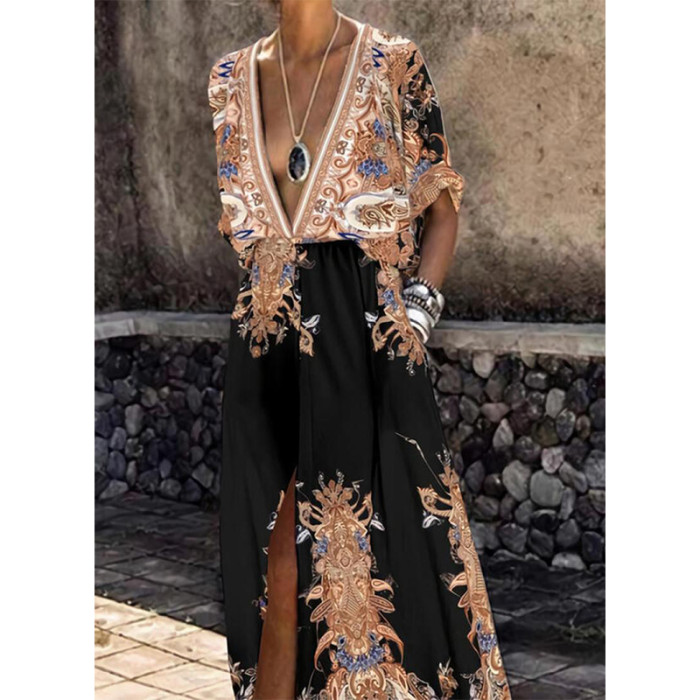 Fashion Print Short Sleeve V Neck Slit Casual Maxi Dress