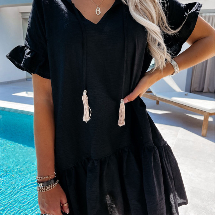 Women V Neck Tassel Ruffle Loose  Party Mini Dress