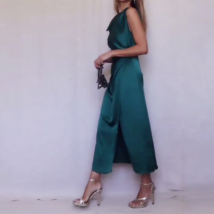 Time Solid Sleeveless Tie Slit Party Evening  Midi Dress