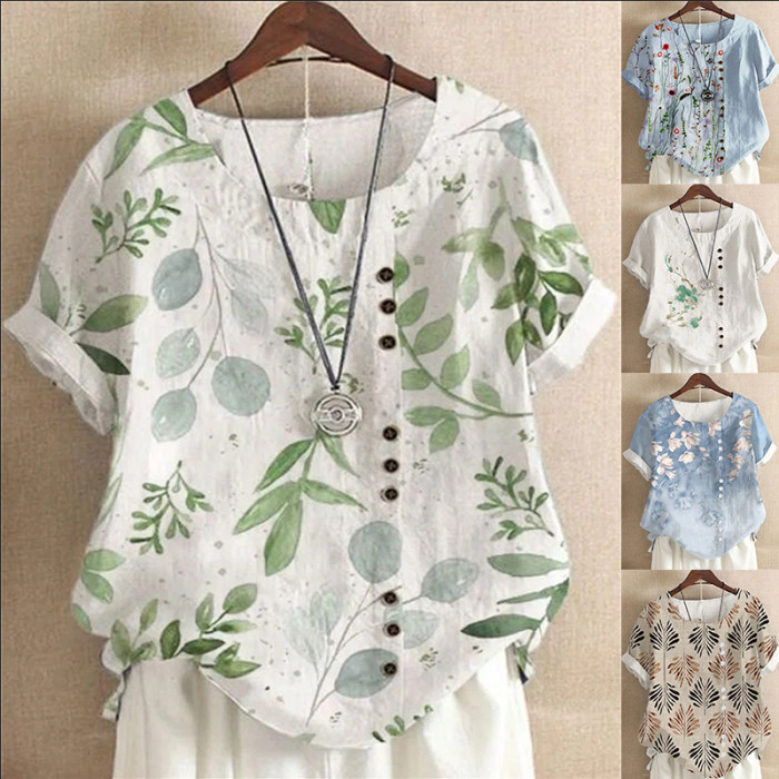 Elegant Floral Print Casual Round Neck Fashion Cotton Linen Blouses & Shirts