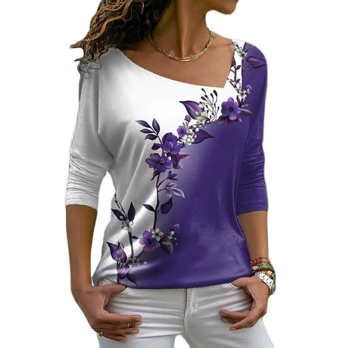 Women's Fashion Floral Print V Neck Casual Harajuku T-Shirt