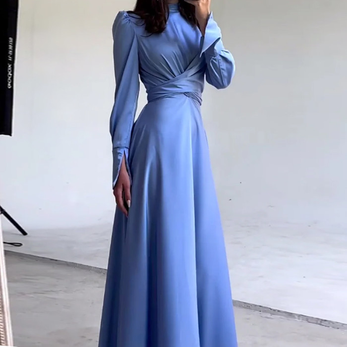 Fashion Solid Color Elegant Casual Puff Sleeve Turtleneck Tie  Maxi Dress