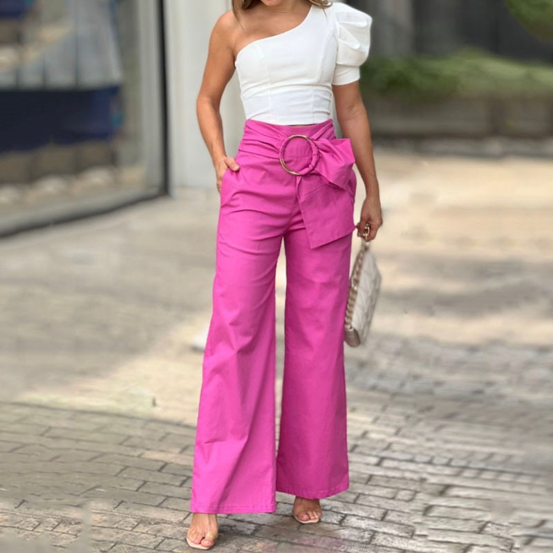 Sexy Fashion Puff Sleeve Solid Color Top Loose Wide Leg Two-piece Set