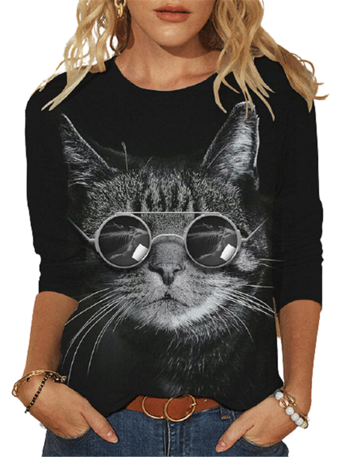 Fashion Cat Eye Print O-Neck Long Sleeves Casual Top