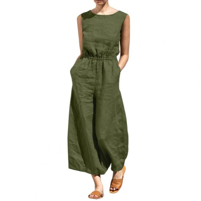 Women's Fashion O-Neck Loose Casual Sleeveless Wide-Leg Jumpsuit