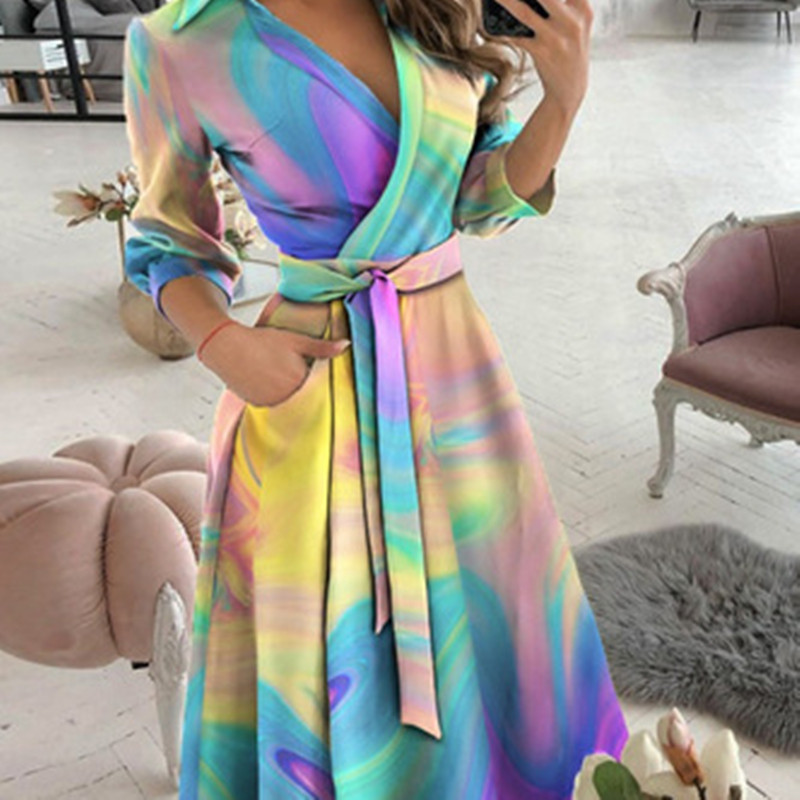 Long flared sleeve lace up letter pattern v neck mini dress