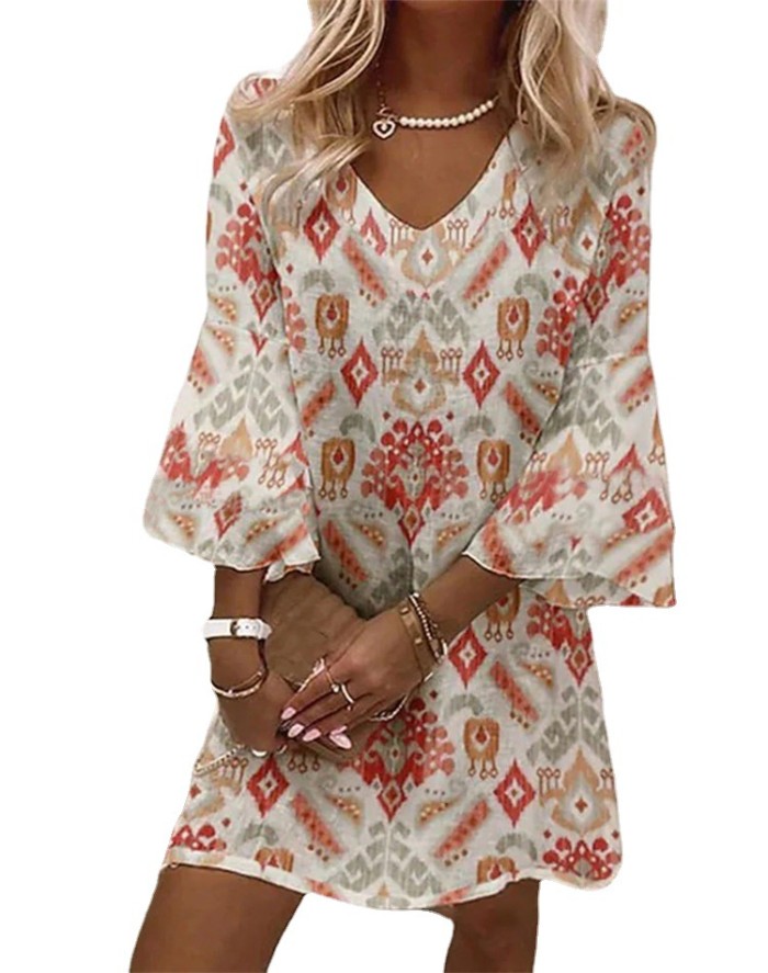 Trendy Bell Sleeve V Neck Ruffle Vintage Print Loose A Line Casual Dress