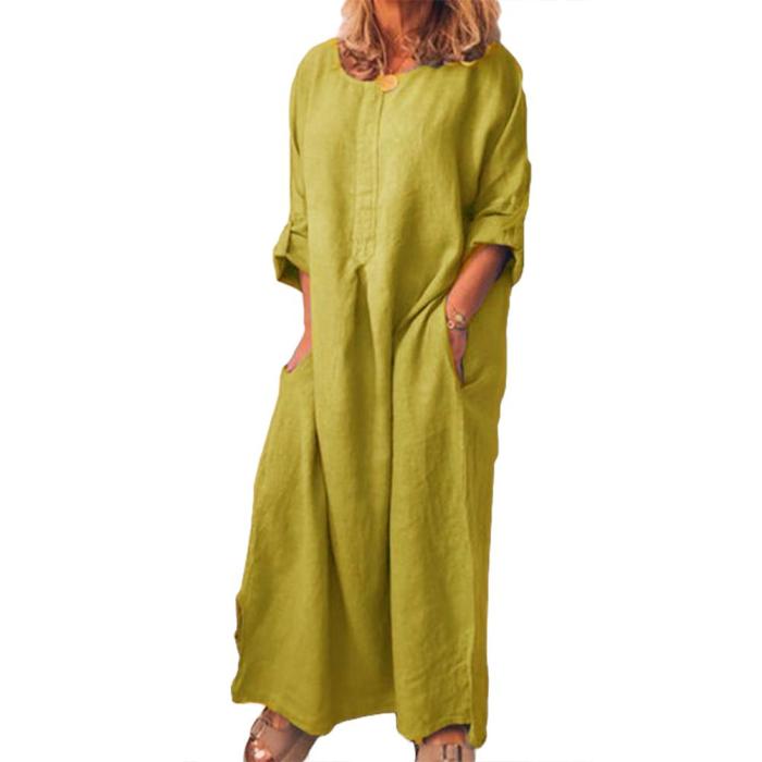 Casual Solid Color Oversize Cotton Linen Shirt Maxi Dress