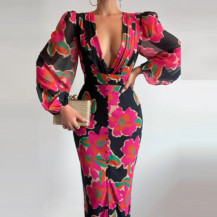 Women Sexy Button V-Neck Slit Elegant Print Slim  Casual Long Sleeve High Waist Maxi Dress