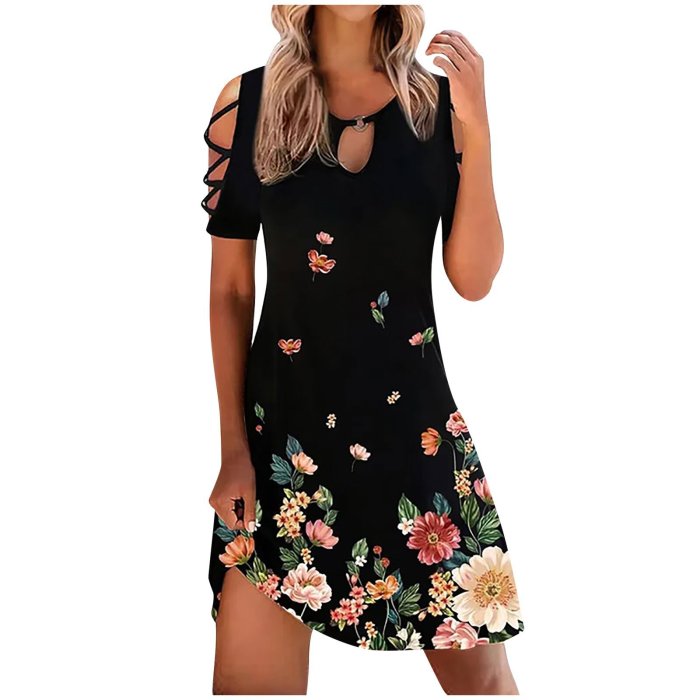 Fashion Floral Sexy Hollow Round Neck Party  Casual Dress