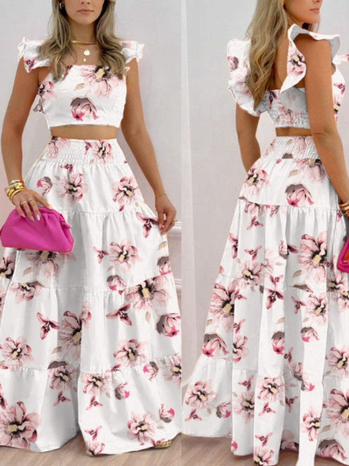 Ladies Flower Print Off Shoulder Ruffle Fashion Elegant  Two Pieces Suit