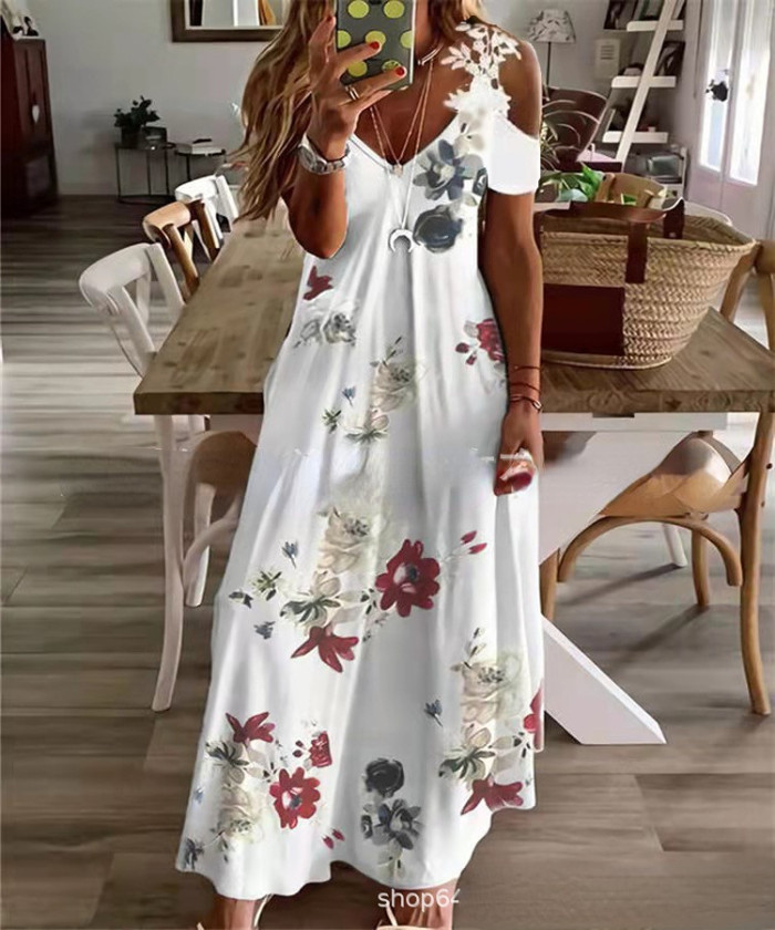 Fashion Off Shoulder  Sexy V Neck Short Sleeve A Line Party Casual Maxi Dress