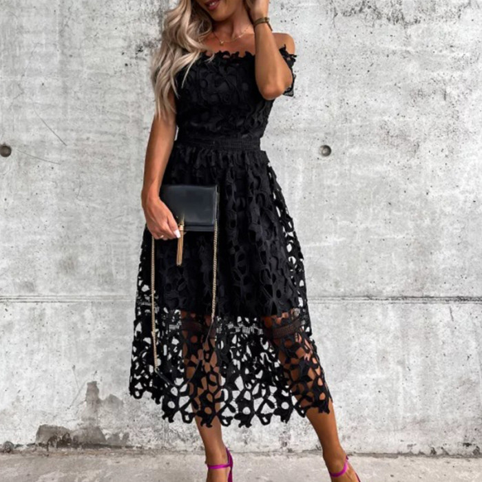 Fashion Solid Color Elegant Backless Party Sexy Lace Cutout  Midi Dress