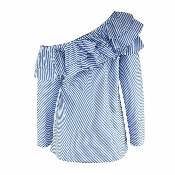 Fashion Blue Striped Ruffle Ruffle Off Shoulder Blouses