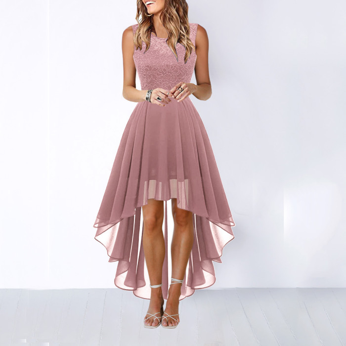 Fashion High Low Lace Solid Color Ruffled Prom Swing  Midi Dress