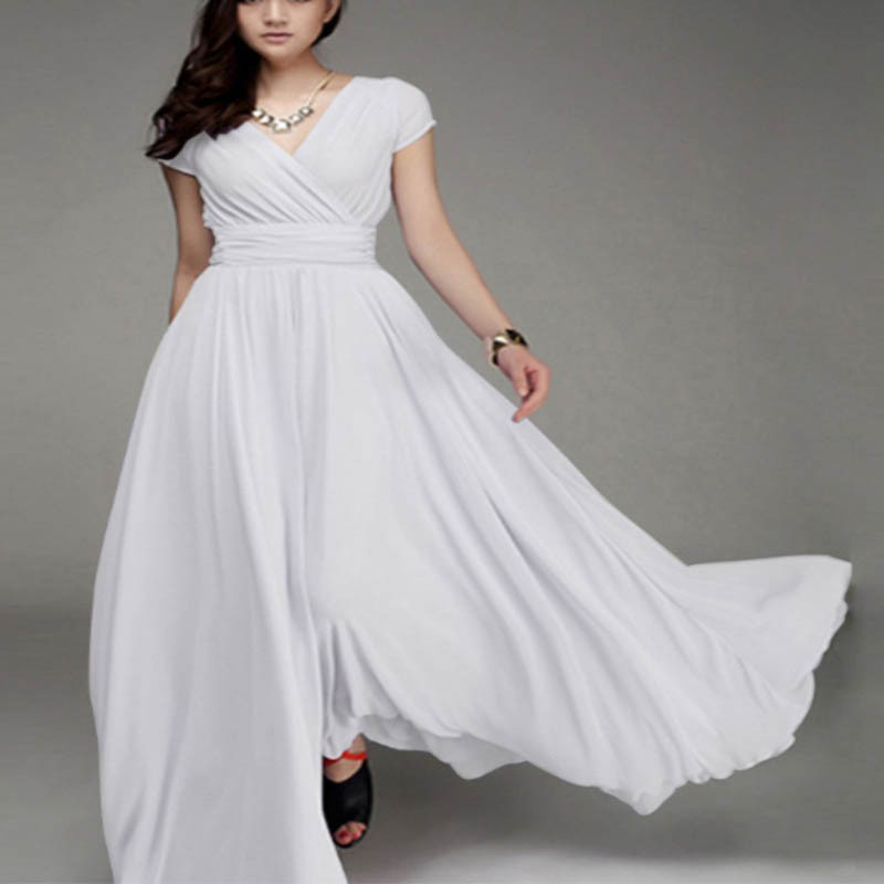 Vintage Solid Color Party Fashion V Neck A Line Elegant Maxi Dress