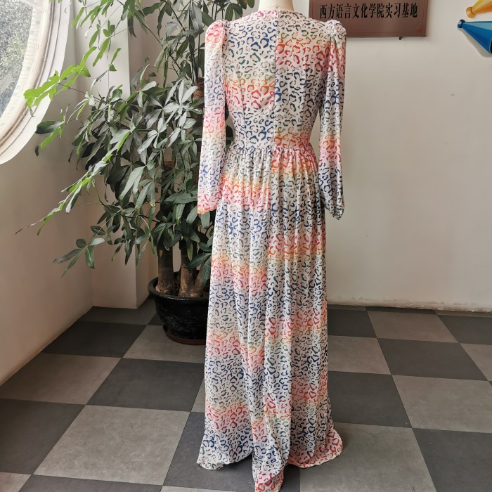 Fashion Print V Neck Long Sleeve High Waist Loose Casual  Maxi Dress