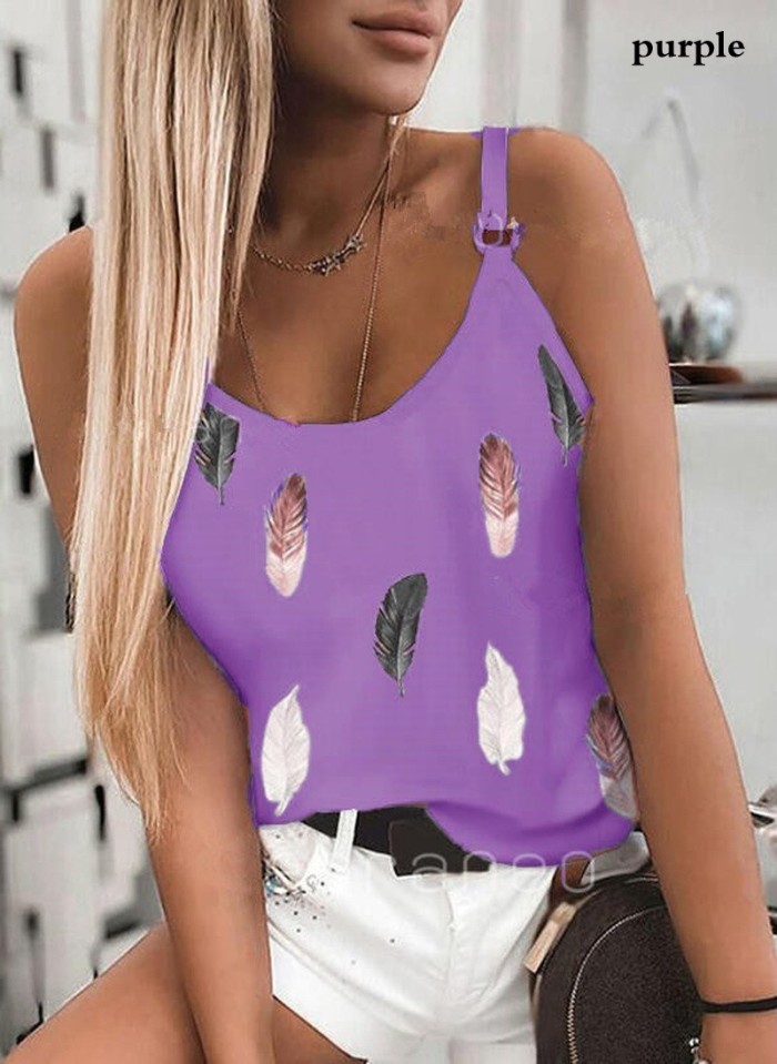 Fashion Casual Feather Print Loose Sexy Sleeveless  Camisole Top