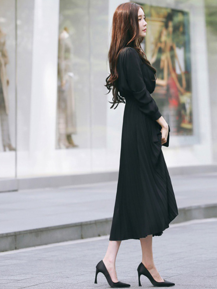 Elegant Chiffon Long Sleeve Tie A-Line Pleated Fashion Maxi Dress