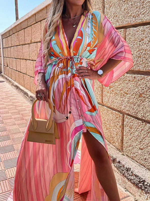 Fashion Print Casual Bohemian Long Sleeve Loose Tunic  Maxi Dress