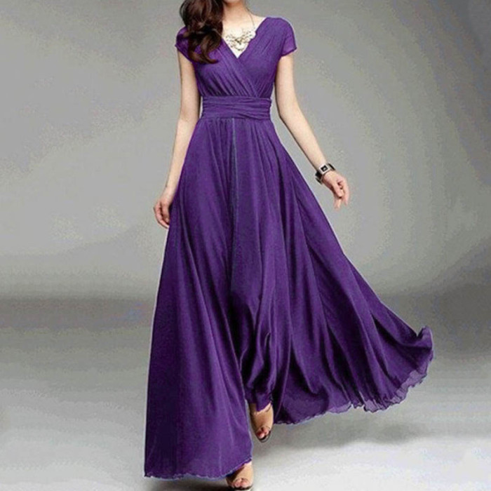 Vintage Solid Color Party Fashion V Neck A Line Elegant Maxi Dress