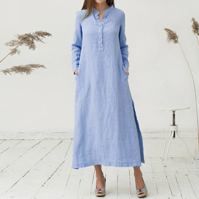 Vintage Loose Dress Elegant Cotton Linen Maxi Shirt Dress
