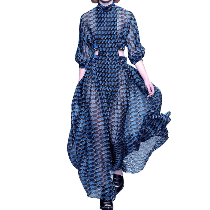 Women Blue Stripes Printed Fashion Long Sleeves High Neck Dress