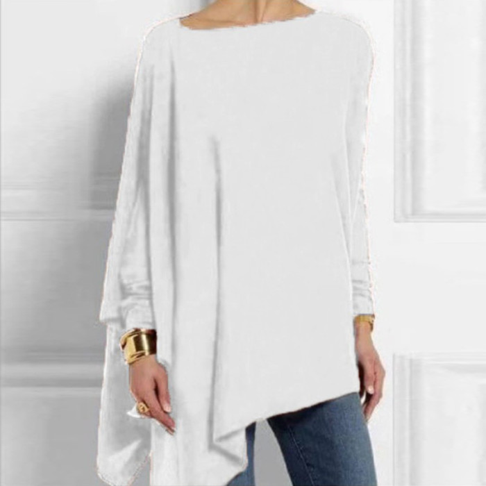 Cotton Irregular Shirt Casual O Neck Long Sleeve Blouse
