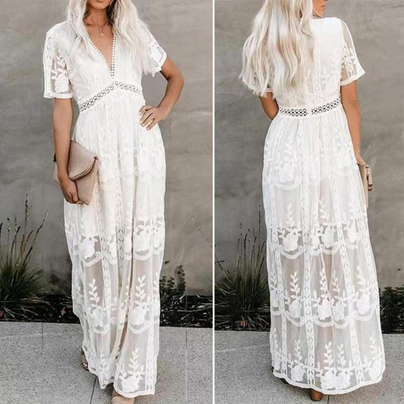 Boho Loose Embroidered White Lace Tunic Solid  Maxi Dress