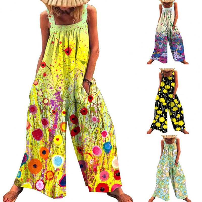 Beach Floral Print Suspender Wide Leg Pockets Romper