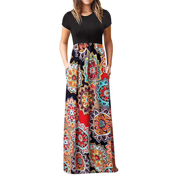 Vintage Floral Print Boho Party Chic O Neck Maxi Dress