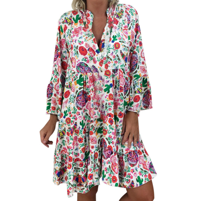Trendy Bohemian Floral Loose Print Long Sleeve Mini Dress