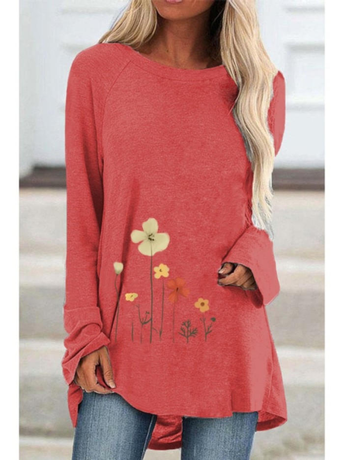 Women Fashion Clothing Flowers Printed Casual Long Sleeve Round Neck Pullover Sweatshirts