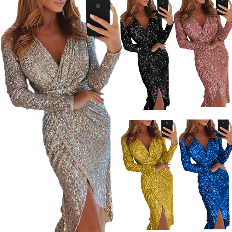 Sequined Party V Neck Long Sleeve Dress